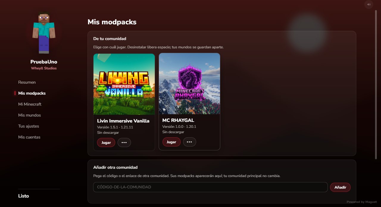 The player's modpacks with cover art, version and a Play button, plus a field to add another community.