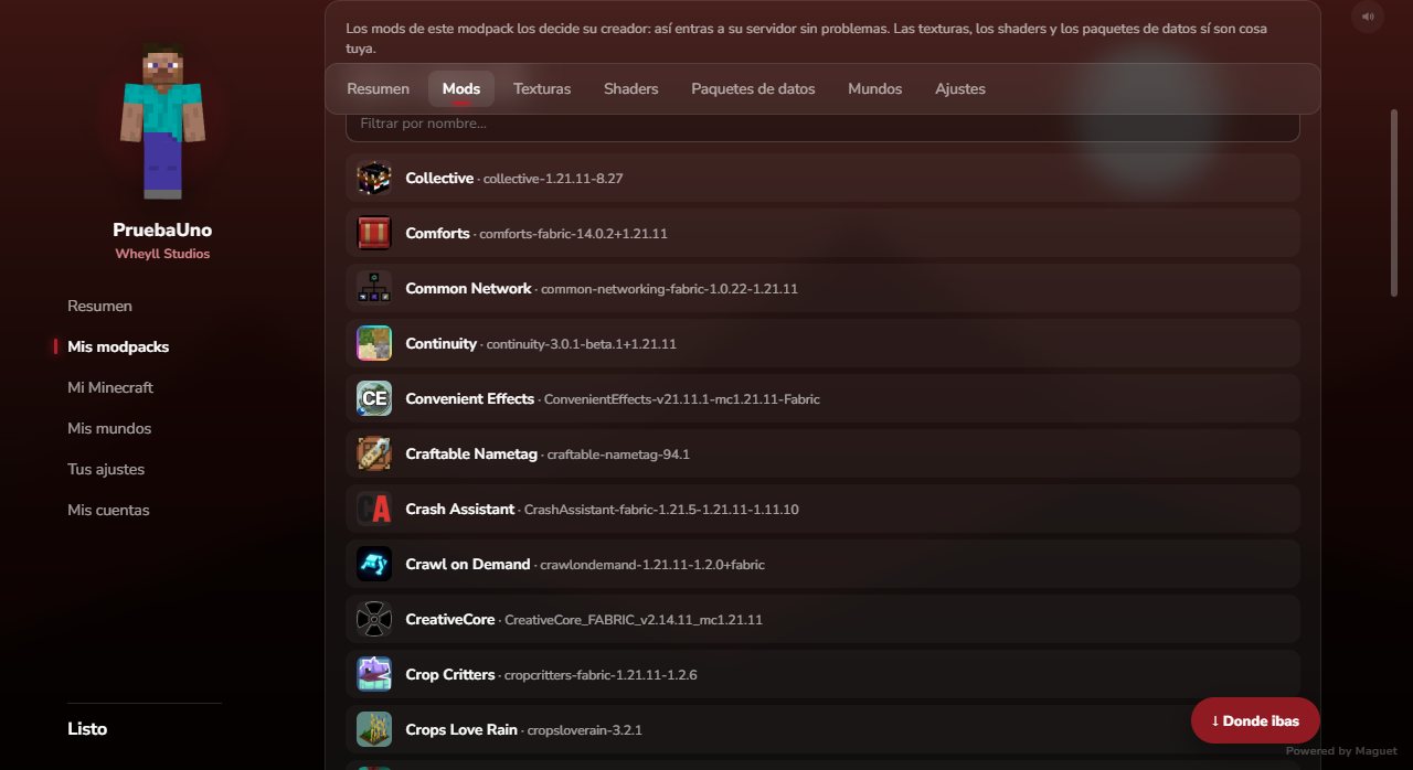 Inside a modpack: the list of mods with icons and versions, and tabs for textures, shaders, data packs, worlds and settings.